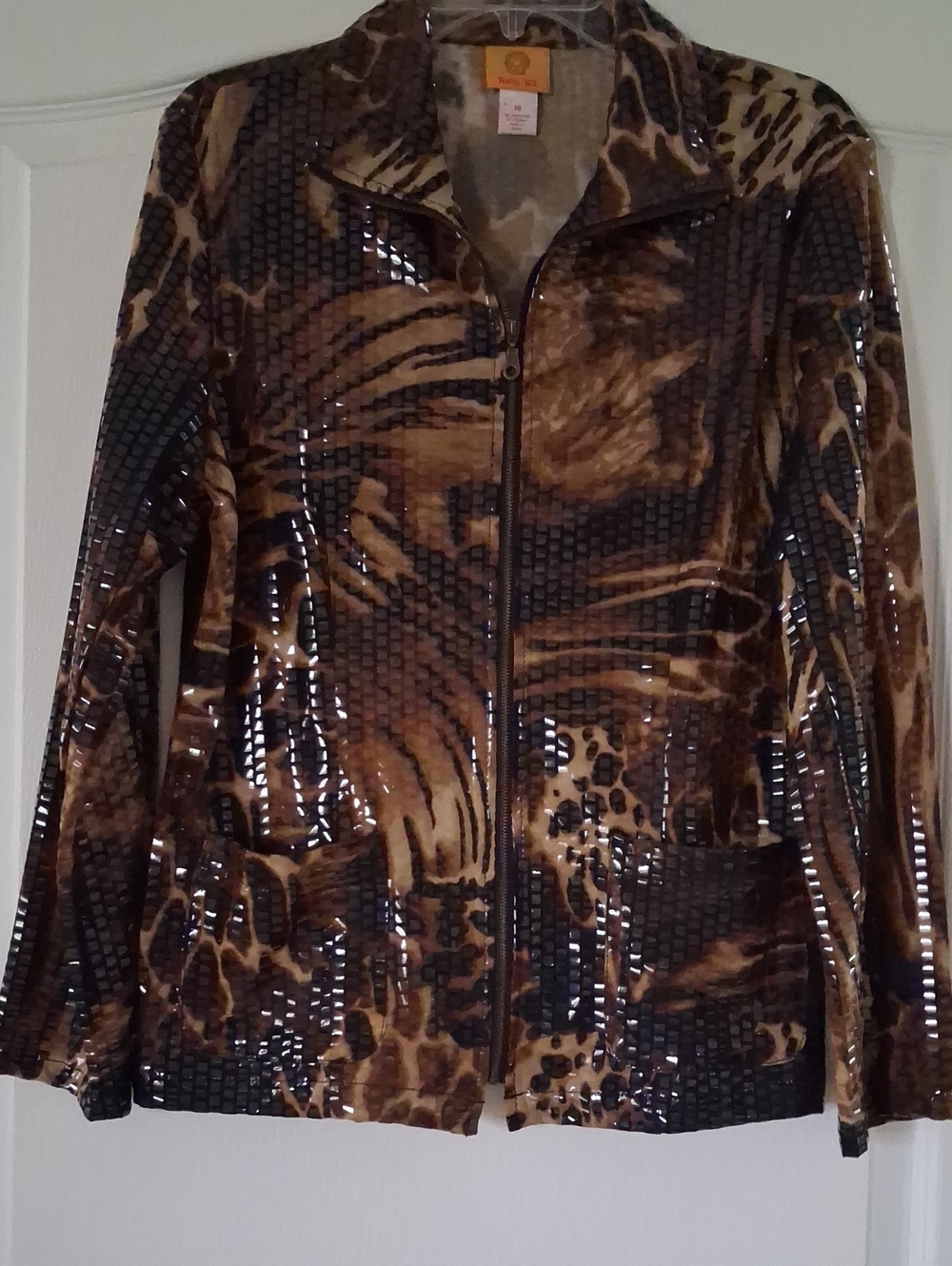 Ruby Rd. Brown Animal-Print Patent Zip Jacket